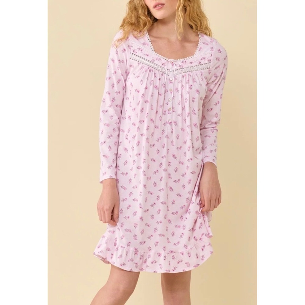 Eileen West Pink Floral Cotton Long Sleeve Nightgown Lace Trim Ruffle Hem Large